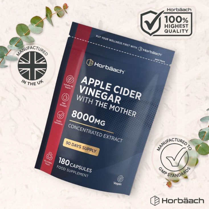 Horbäach Apple Cider Vinegar 8000mg, 180 capsules for 90 days, concentrated extract with The Mother, food supplement.