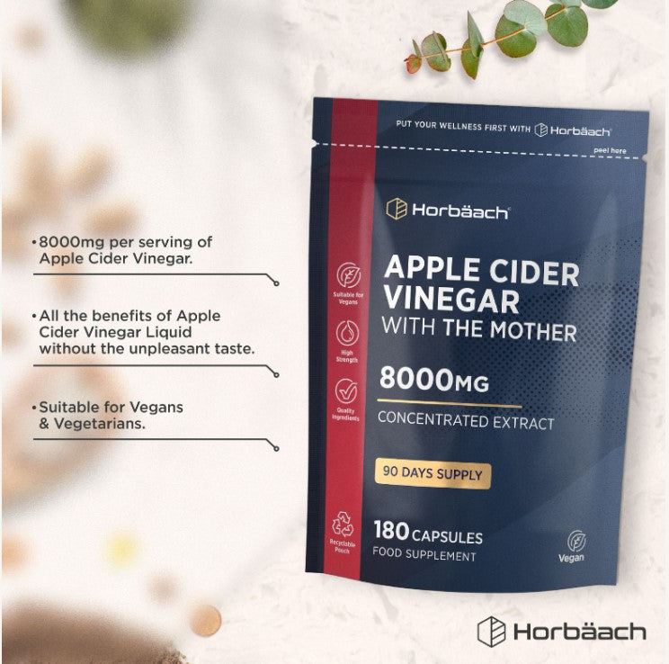 Apple Cider Vinegar with the Mother 8000mg Concentrated Extract, 180 Vegan Capsules Food Supplement.