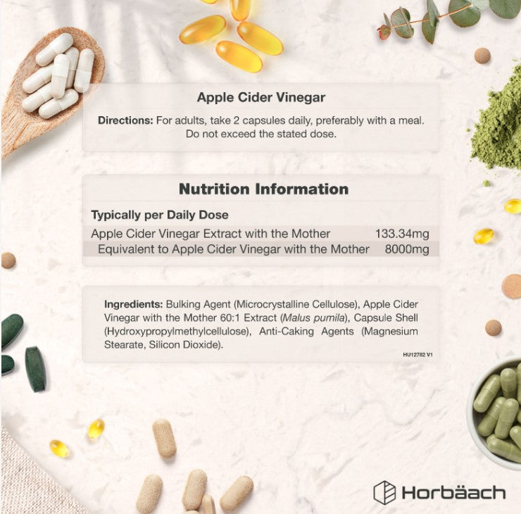 Apple Cider Vinegar 8000mg Equivalent capsules with graphic details on directions, nutrition, and ingredients.