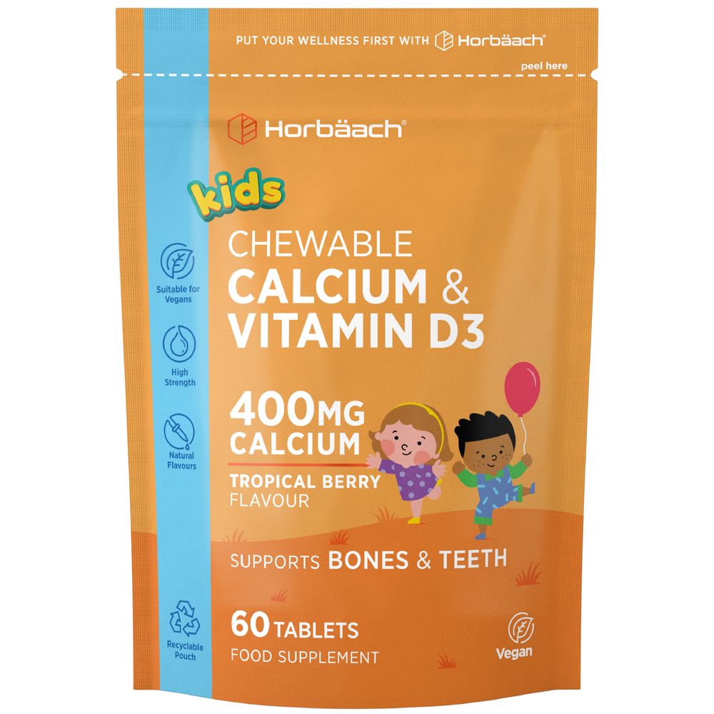 A hand holding Kids Chewable Calcium & Vitamin D3, Tropical Berry Flavor, 60 tablets, 400mg Calcium.