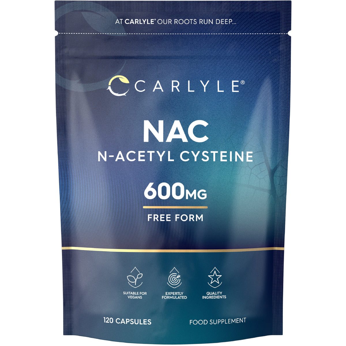 NAC N-Acetyl Cysteine 600mg, 120 Vegan Capsules food supplement in a resealable pouch.