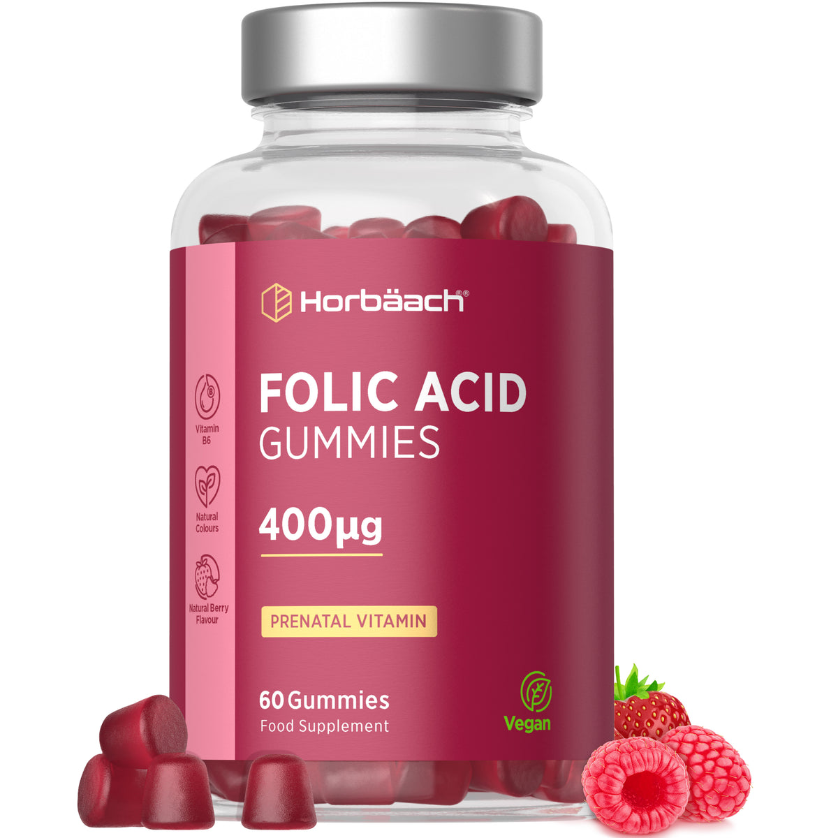 Folic Acid Gummies 400µg, 60 vegan, berry-flavored gummies, prenatal vitamin with Vitamin B6 and natural colors.