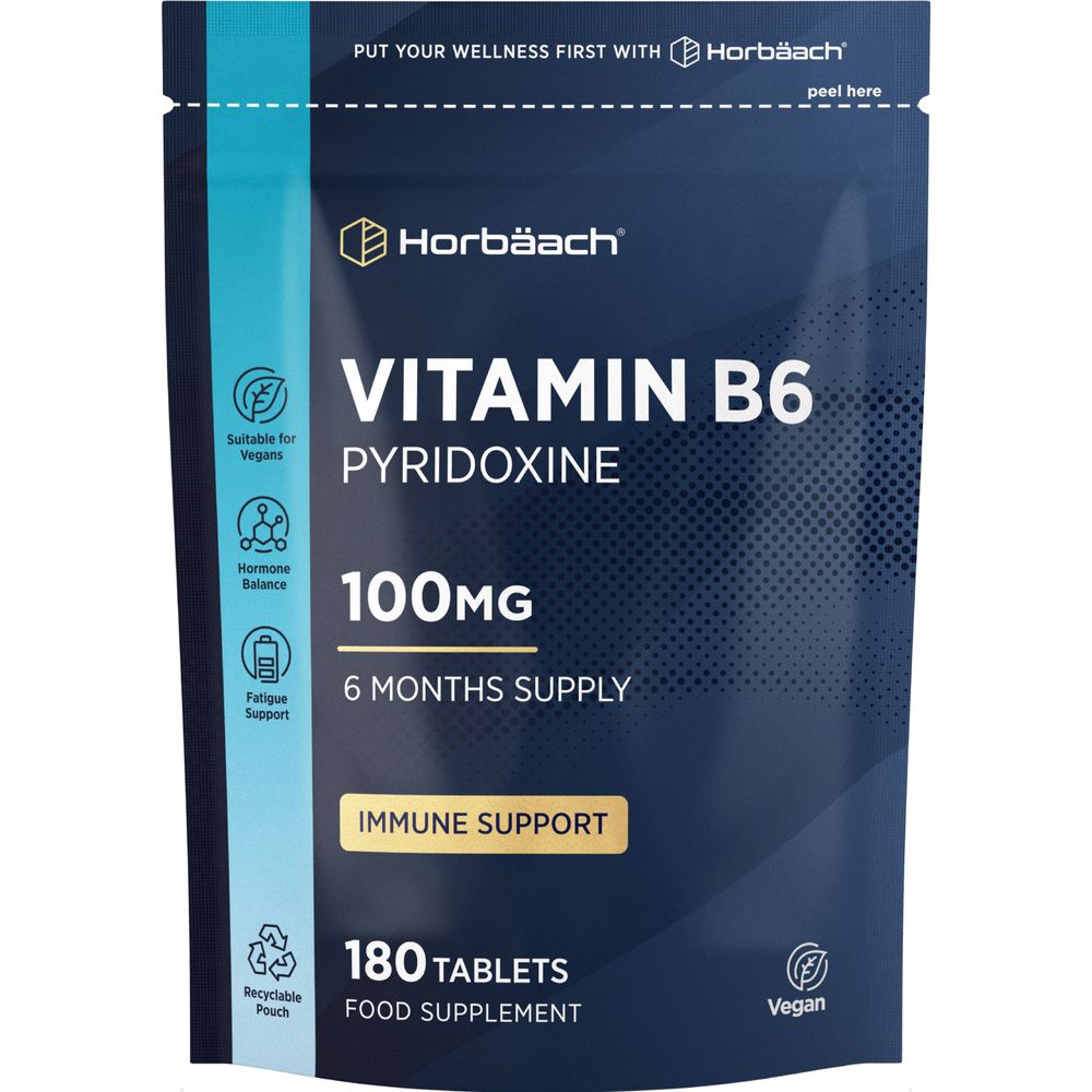 Bottle of Vitamin B6 Pyridoxine 100mg vegan tablets, 180 count, shown on a bulk scale.
