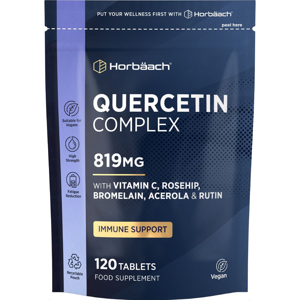 Horbäach Quercetin Complex 819mg, 120 vegan tablets in a recyclable pouch shown on a hand scale.