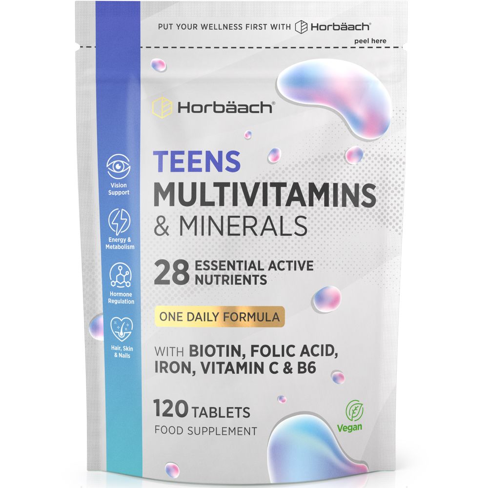 Hand holding a bottle of Teens Multivitamins & Minerals with 120 tablets.