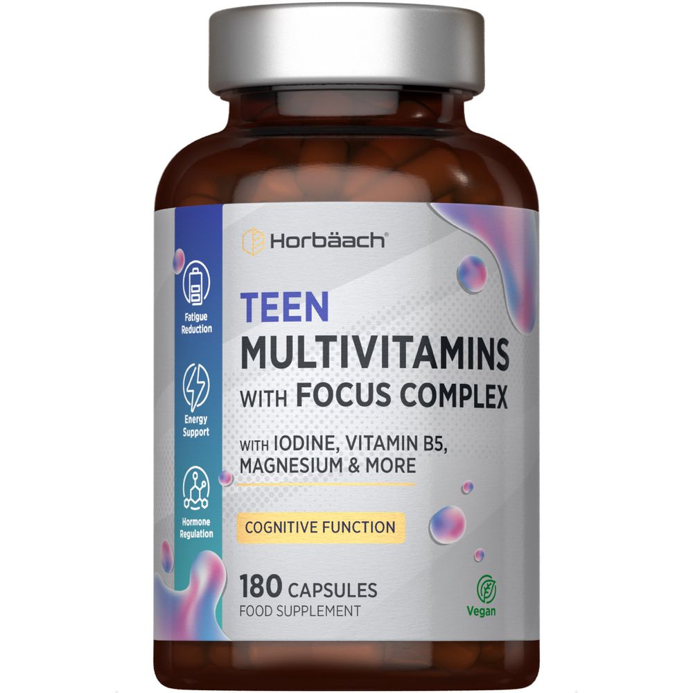 Horbäach Teen Multivitamins with Focus Complex contains 180 vegan capsules.