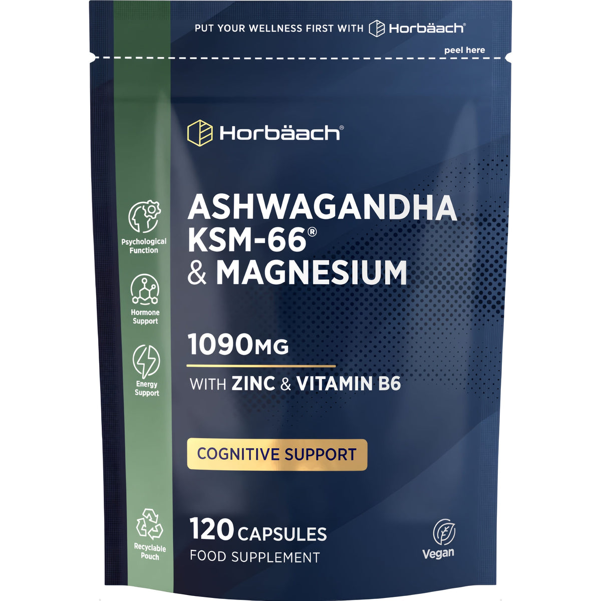 Ashwagandha KSM-66 and Magnesium 1090MG with Zinc and Vitamin B6, 120 Vegan Capsules, Food Supplement.