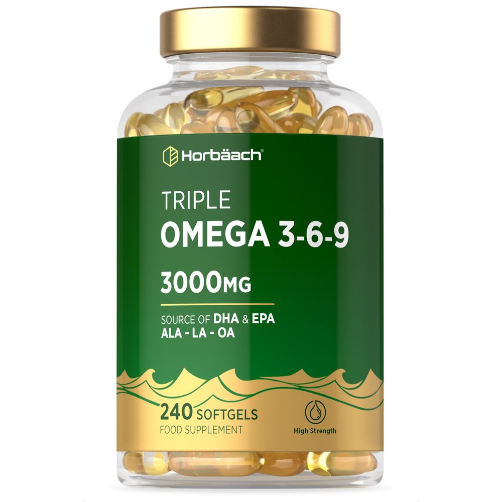 A clear bottle containing 240 amber-colored Triple Omega 3-6-9 3000mg softgels.