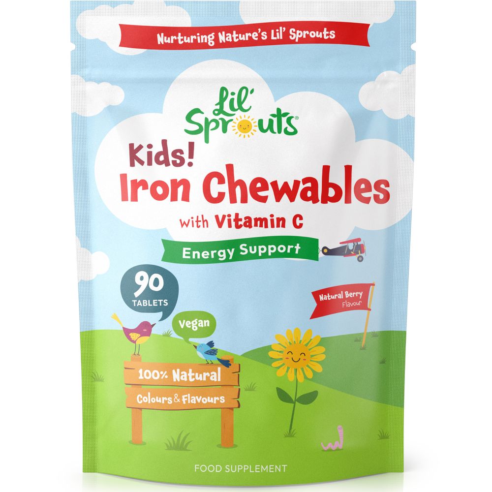 Lil' Sprouts Kids! Iron Chewables with Vitamin C, 90 vegan tablets, natural berry flavor in an adult hand for scale.
