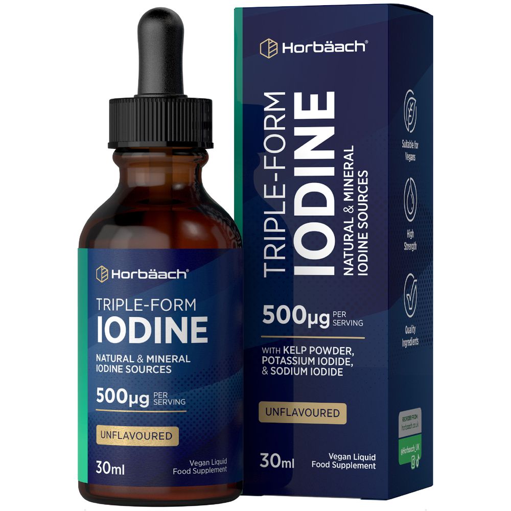 Vegan Liquid Food Supplement: Triple-Form Iodine 30ml bottle and box displayed.