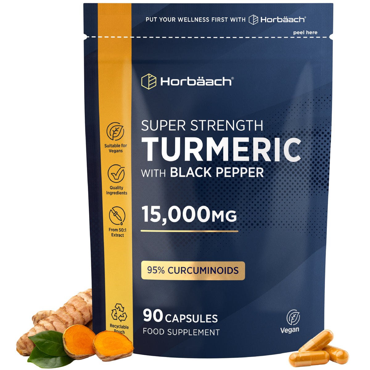 Super Strength Turmeric with Black Pepper 15,000mg, 95% Curcuminoids, 90 vegan capsules, food supplement pouch.