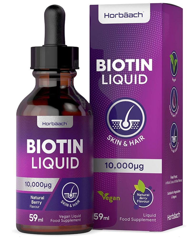 Biotin Liquid 10,000µg in Natural Berry Flavor, a 59ml vegan liquid food supplement with a dropper bottle and box for skin and hair.