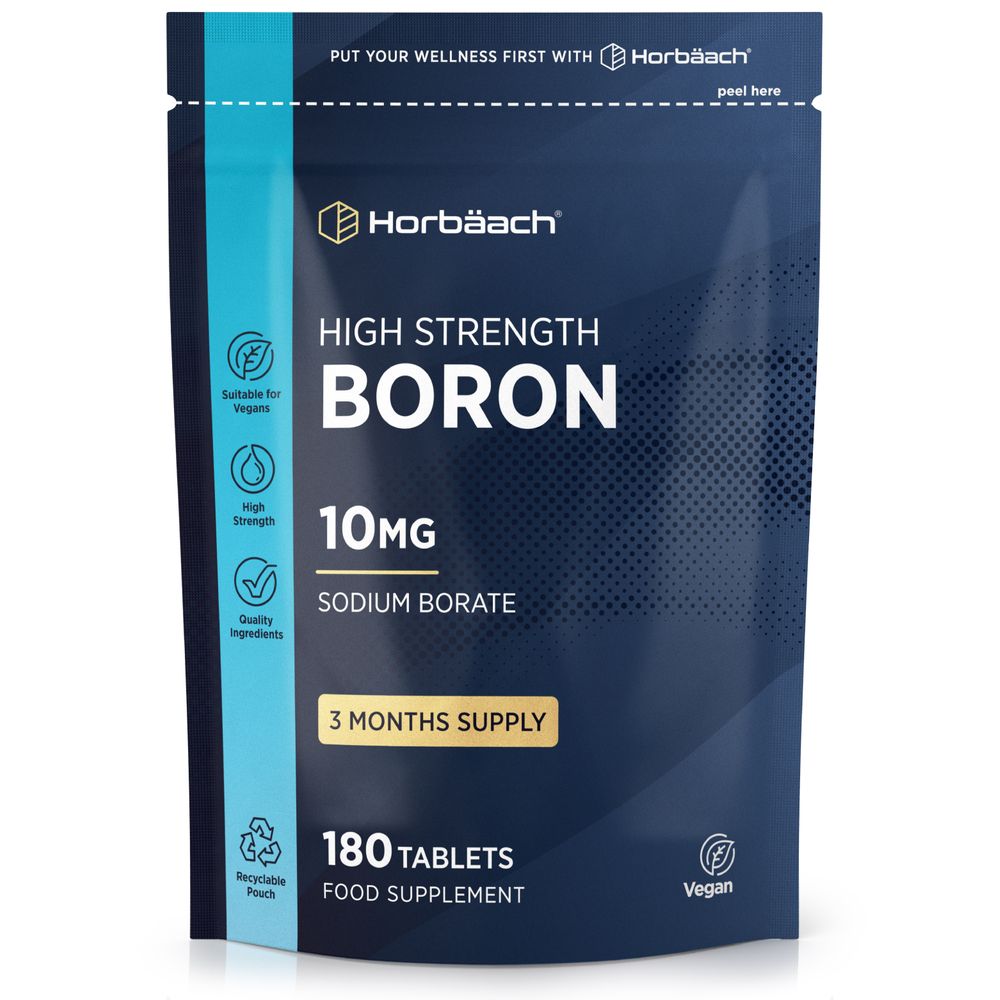 Horbäach High Strength Boron 10mg Sodium Borate, 180 Tablets Food Supplement shown in a pouch.