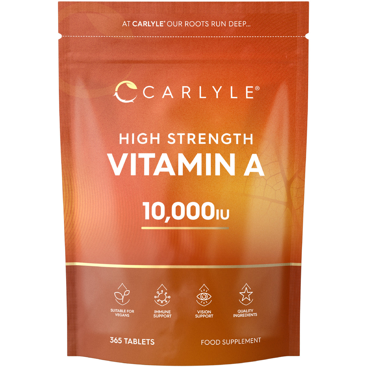 High Strength Vitamin A tablets with 10,000 IU, 365 count, suitable for vegans, dietary supplement.