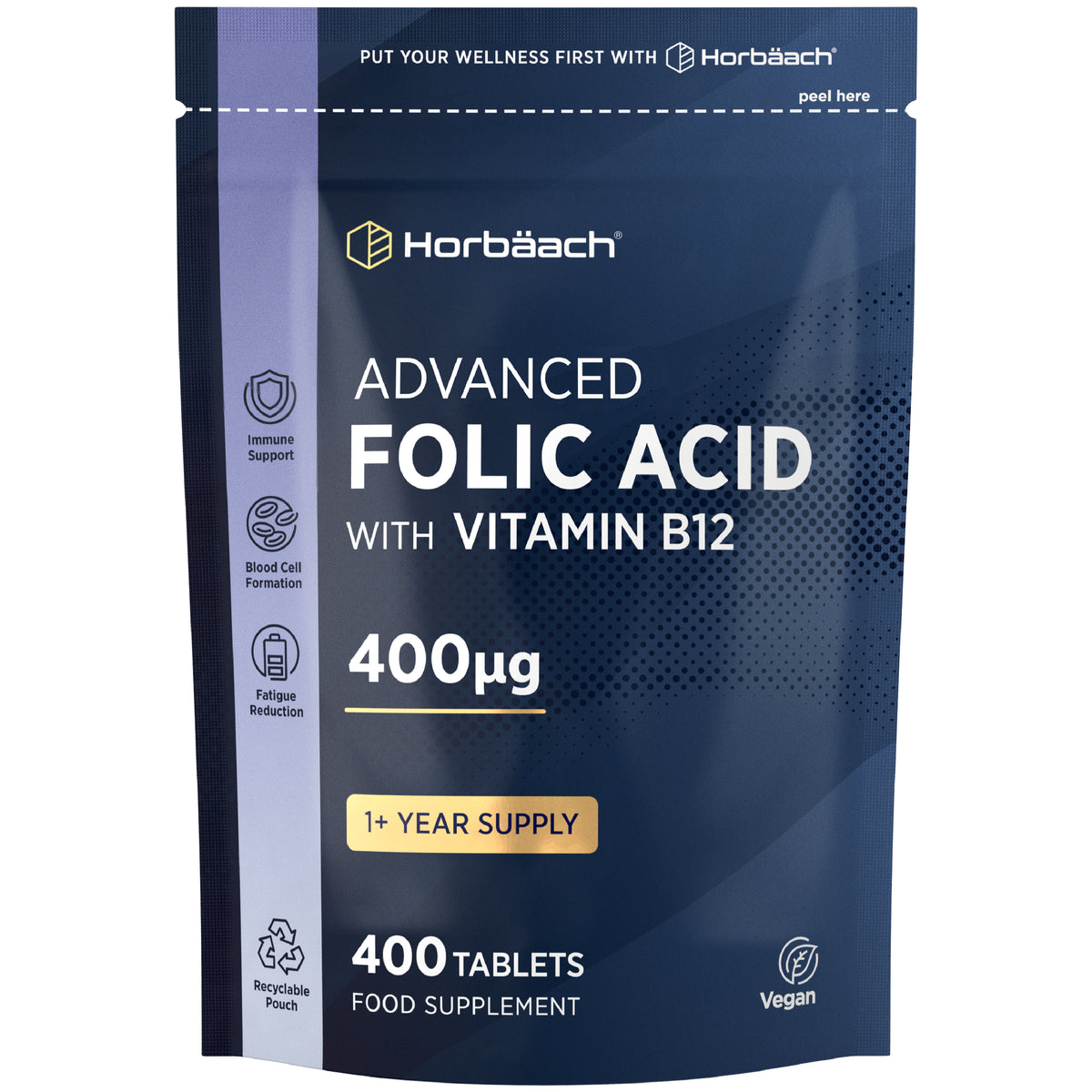 Vegan supplement containing Folic Acid with Vitamin B12, 400µg, 400 tablets, providing a 1+ year supply.