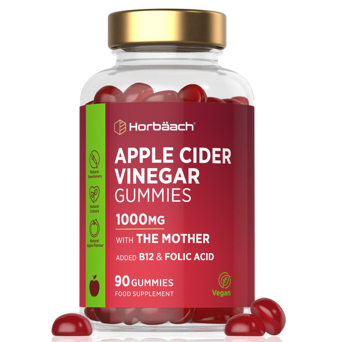 Horbääh Apple Cider Vinegar 1000mg, 90 vegan gummies with The Mother, added B12 and folic acid.