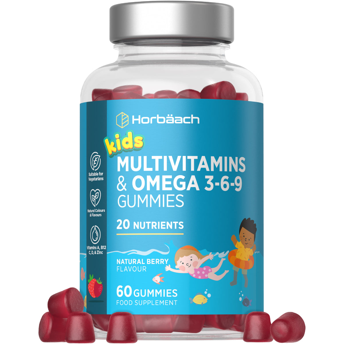 Horbäach Kids Multivitamins & Omega 3-6-9 Gummies, 60 natural berry flavor gummies in a bottle, with scattered gummies.