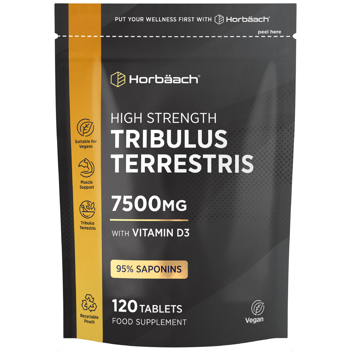 Tribulus Terrestris 7500mg with Vitamin D3, 95% Saponins, 120 Vegan Tablets in a Recyclable Pouch.