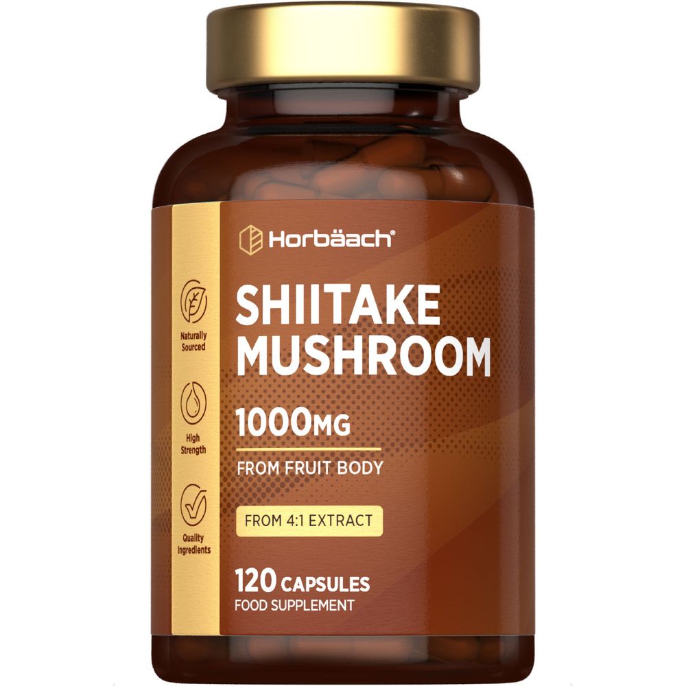 A hand holds a bottle of Shiitake Mushroom 1000mg, containing 120 capsules.