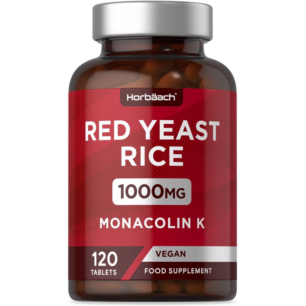 A hand holds a bottle of Red Yeast Rice 1000mg containing 120 tablets, suitable for dietary supplementation and supporting wellness.
