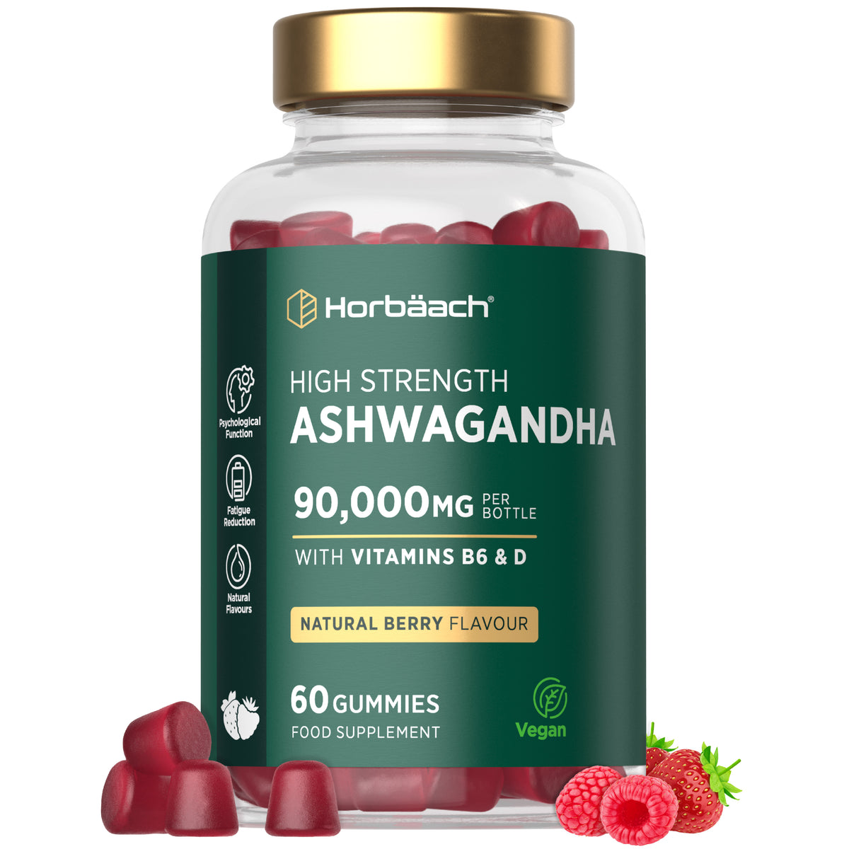 High Strength Ashwagandha 90,000mg per bottle with Vitamins B6 & D, 60 natural berry-flavored gummies, food supplement.