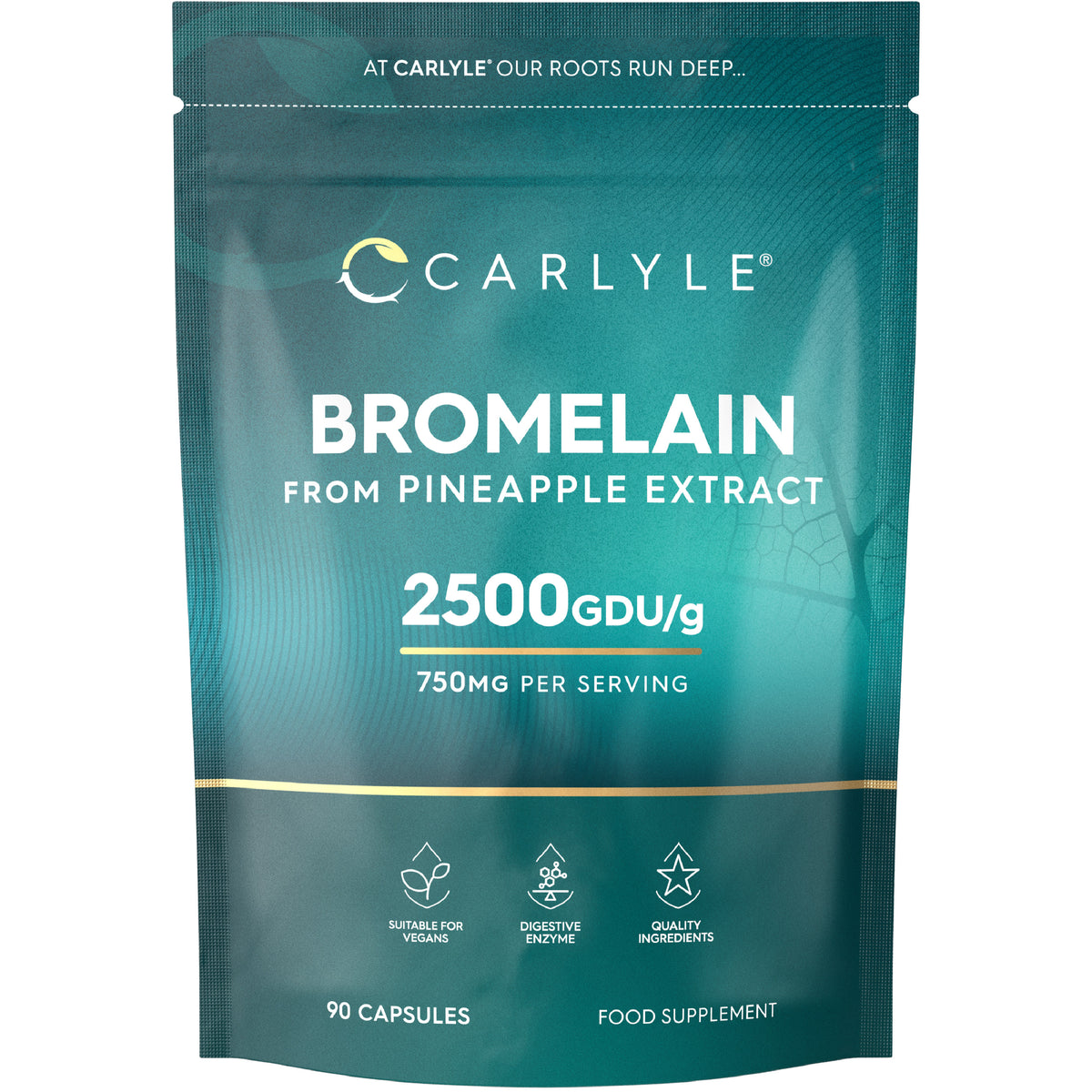 Bromelain from Pineapple Extract, 2500GDU/g potency and 750mg per serving, available in 90 capsules.