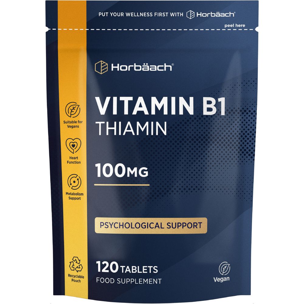 Horbäach Vitamin B1 Thiamin 100mg 120 Vegan Tablets contained in a recyclable pouch, eco-friendly packaging.