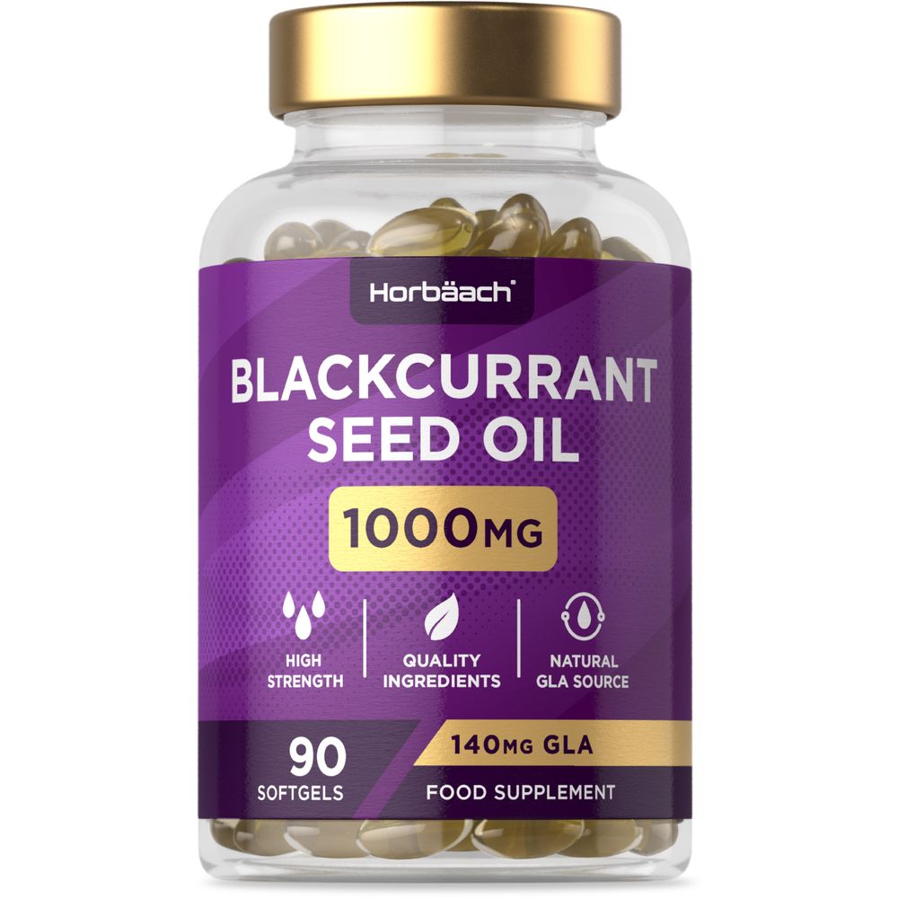 Hand holding a bottle of Blackcurrant Seed Oil 1000mg, containing 90 softgels.