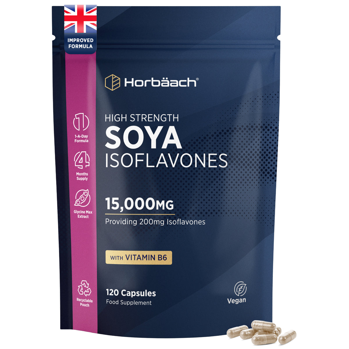 Horbäach High Strength Soya Isoflavones 15,000mg (200mg Isoflavones) with Vitamin B6, in 120 Vegan Capsules.
