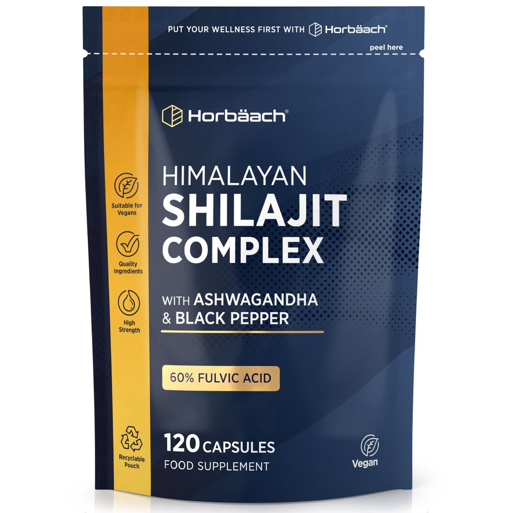 A pouch of Himalayan Shilajit Complex 1500mg with 120 vegan capsules is shown, highlighting its natural supplement form.