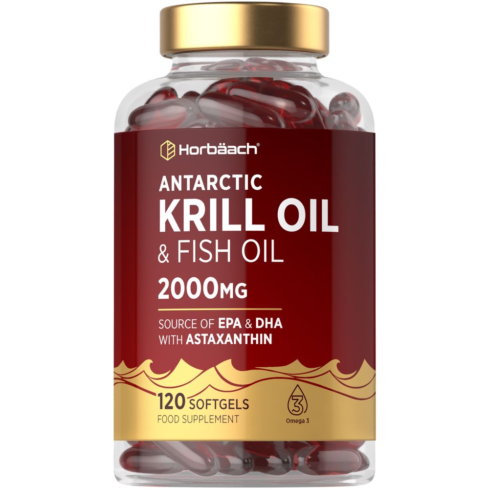 A clear bottle containing 120 red softgels of Antarctic Krill Oil & Fish Oil, 2000mg each.