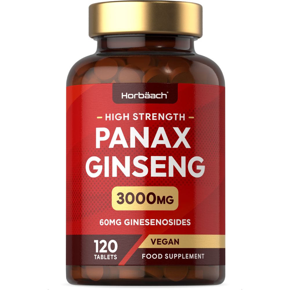Hand holding Panax Ginseng 3000mg bottle with 120 vegan tablets.