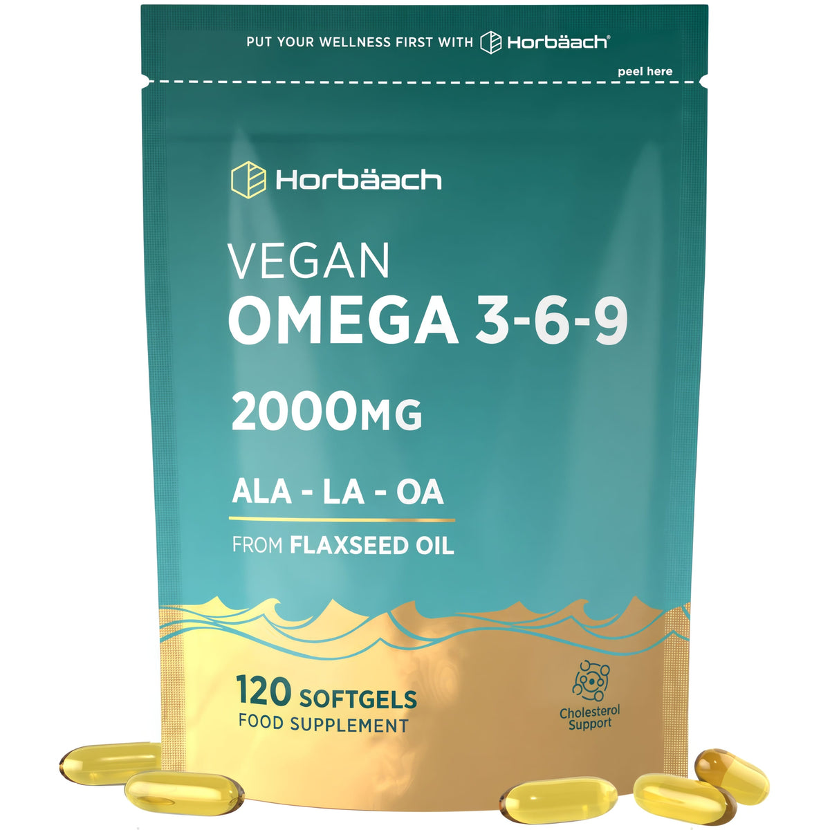 Vegan Omega 3-6-9 supplement, 2000mg ALA-LA-OA from flaxseed oil, 120 softgels for cholesterol support.