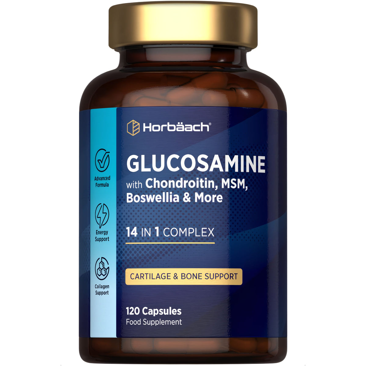 Glucosamine with Chondroitin, MSM, Boswellia, and more in a 14-in-1 complex of 120 capsules.