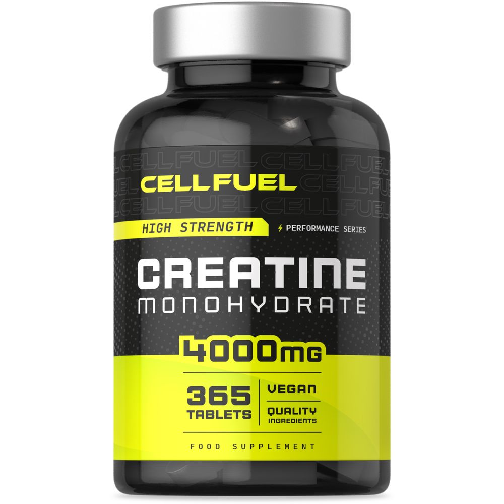 Creatine Monohydrate 4000mg tablets, 365 count, vegan-friendly, displayed on a bulk scale.
