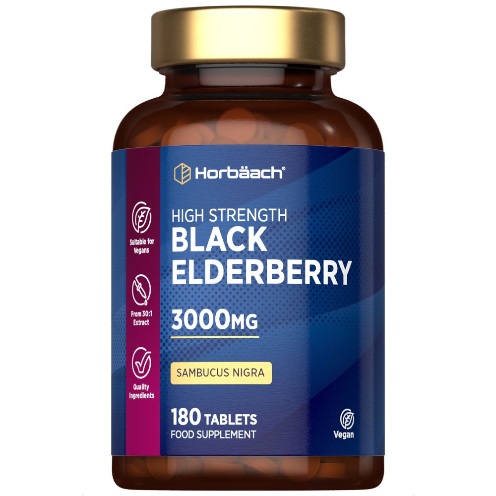 Hand holding a bulk bottle of HU Black Elderberry 3000mg containing 180 tablets.