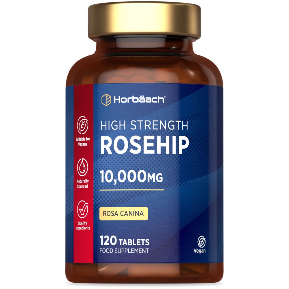 Image of a hand holding a bulk bottle of Rosehip 10,000mg vegan tablets, containing 120 tablets, highlighting product scale.