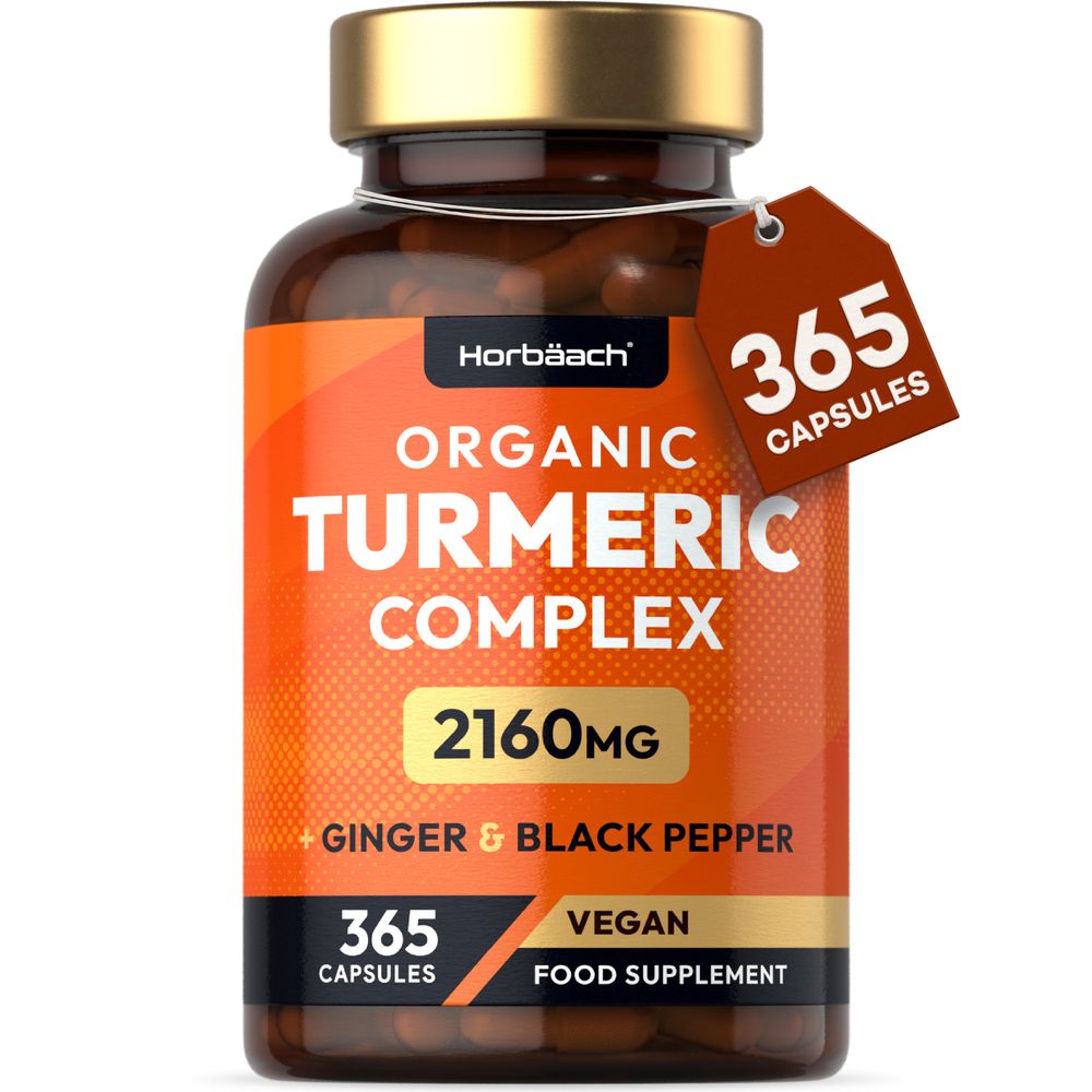 A bottle of Organic Turmeric Complex containing 365 vegan capsules.