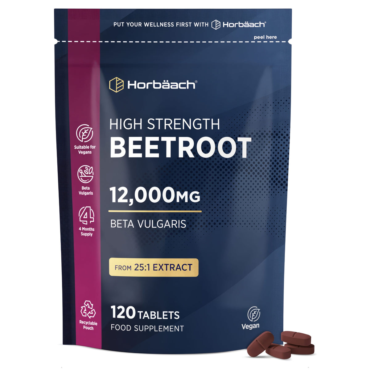 Horbäach High Strength Beetroot 12,000mg, Beta Vulgaris from 25:1 Extract, in 120 vegan tablets as a food supplement.