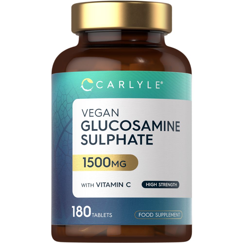 Hand holding a scale with Vegan Glucosamine Sulphate 1500mg tablets, 180 count. Complete large-size supplement package.