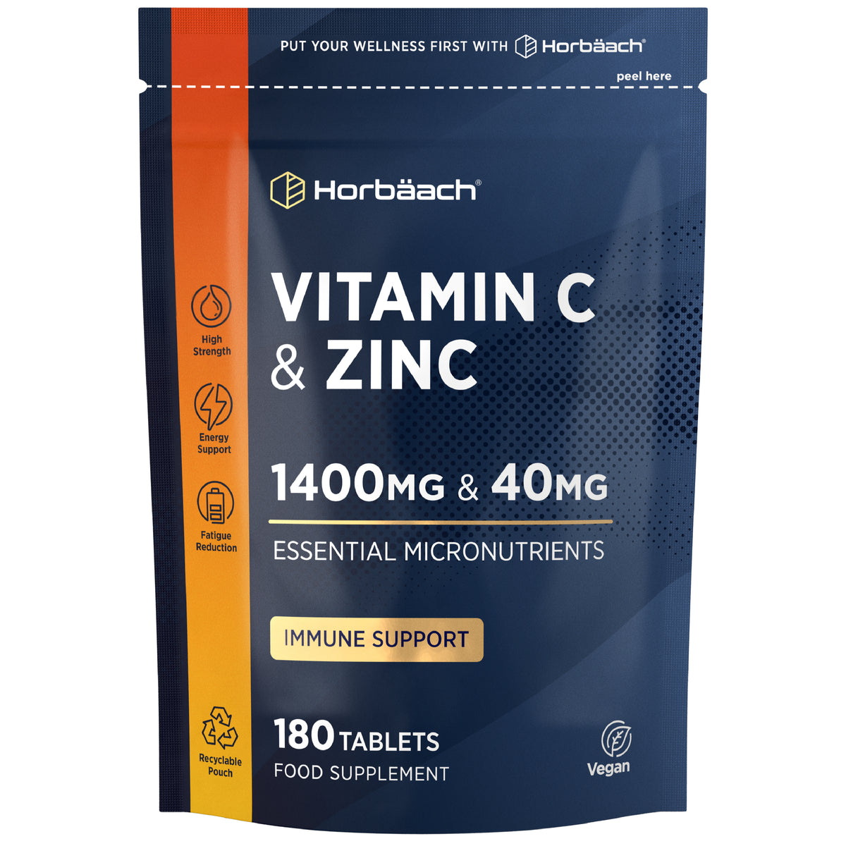 Horbäach Vitamin C 1400mg and Zinc 40mg, 180 vegan tablets food supplement pouch.