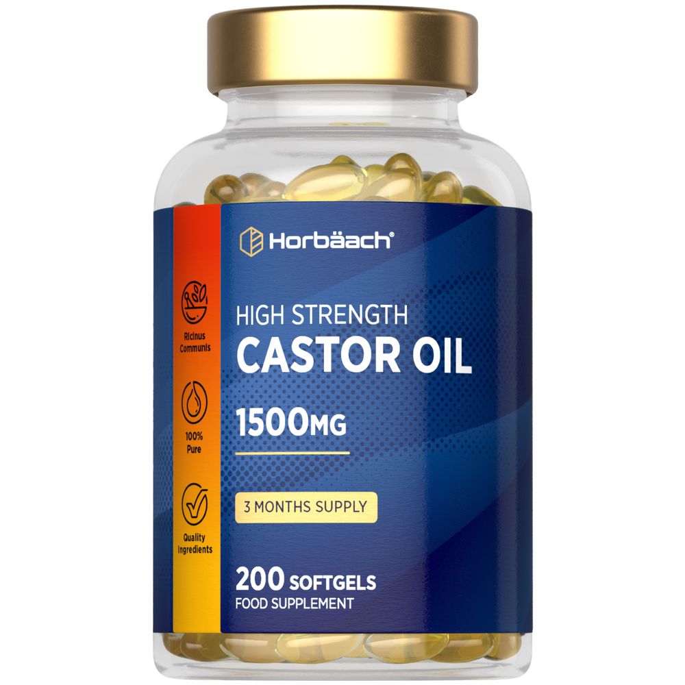 A clear bottle of 200 Horbäach Castor Oil 1500mg softgels.