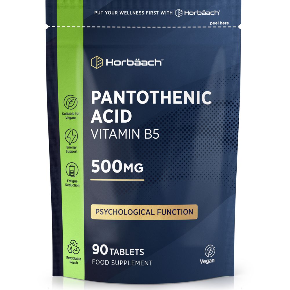 Hand holding a bottle of Pantothenic Acid Vitamin B5 500mg tablets, showcasing the product's bulk packaging and scale.