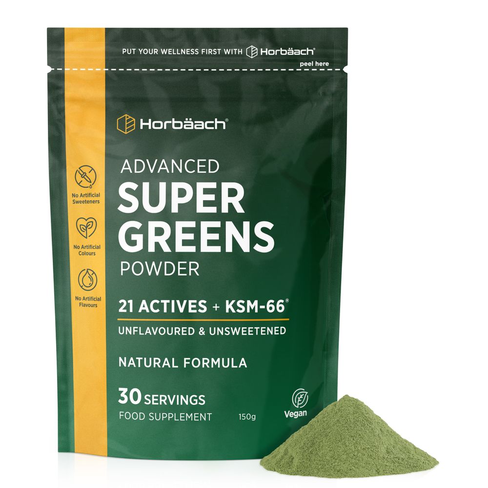 A pile of Super Greens Powder weighing 150g, dispensed on a hand scale, highlighting its bulk buying size and nutritional benefits.