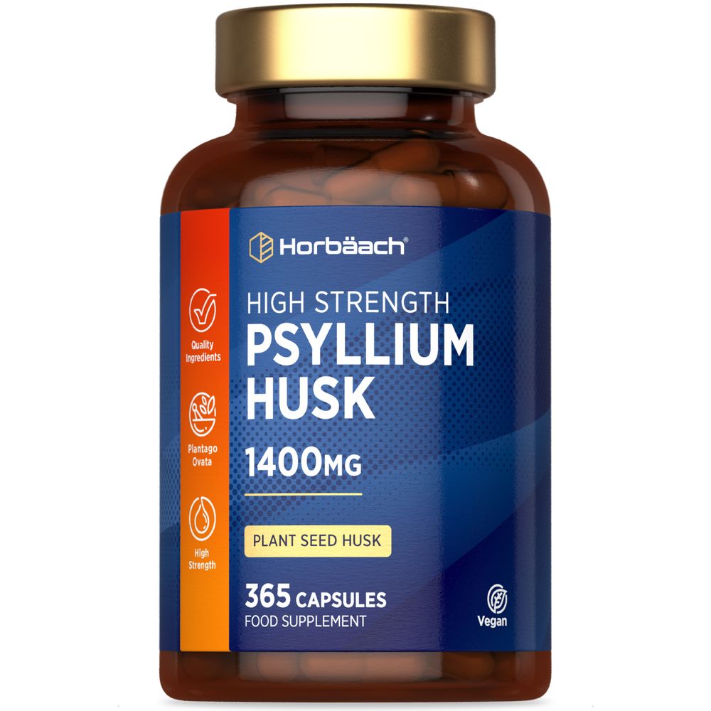 Vegan capsules of Psyllium Husk, 1400mg each, in a 365-count bottle, perfectly balanced on a hand scale.