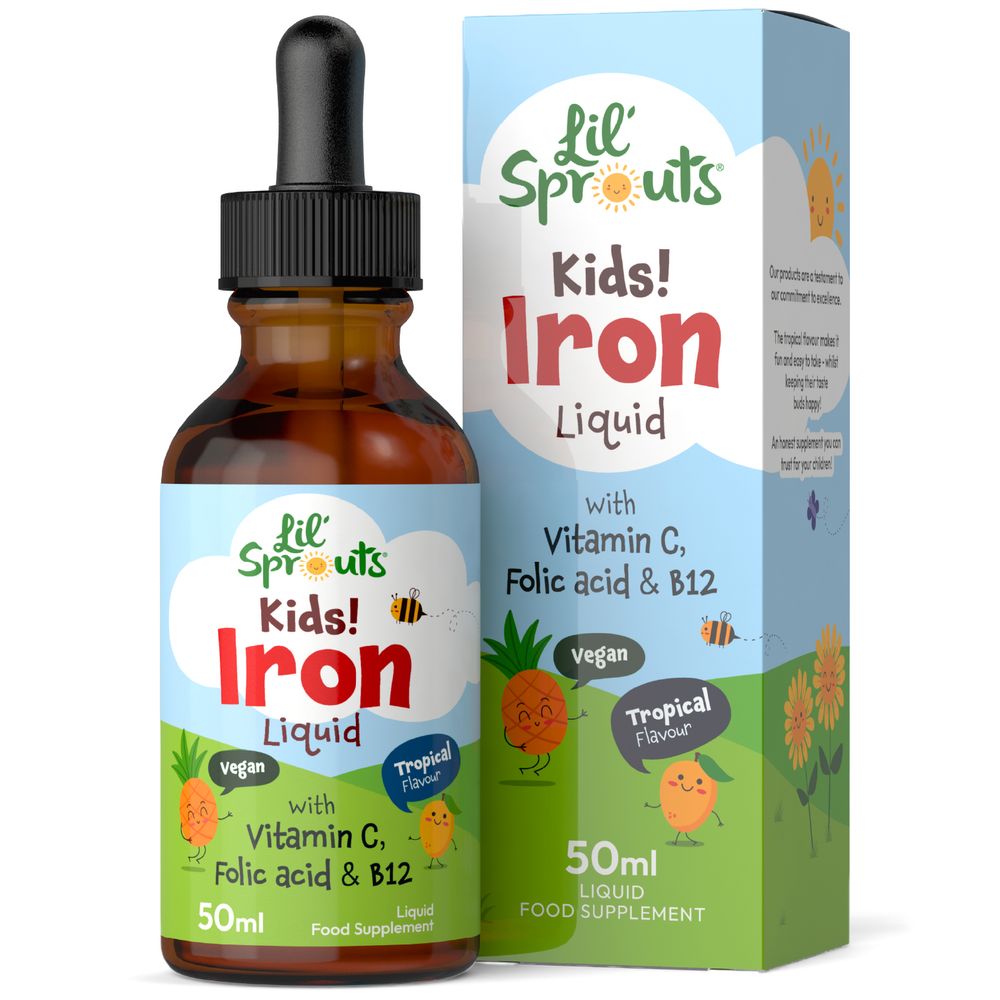 Lil' Sprouts Kids! Iron Liquid 50ml bottle and box with Vitamin C, Folic acid, B12, Tropical Flavour, Vegan-friendly.
