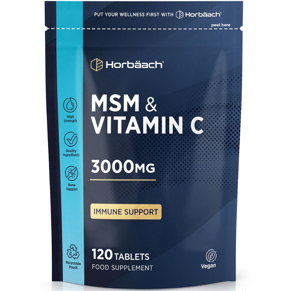 Pouch containing 120 tablets of MSM and Vitamin C, 3000mg.
