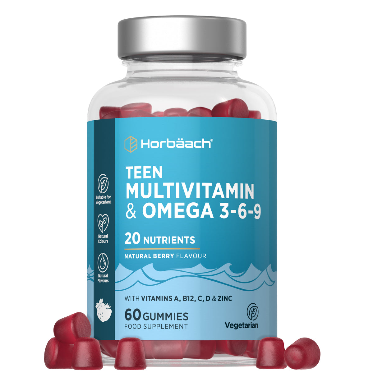 Teen Multivitamin & Omega 3-6-9 gummies with 20 nutrients, including vitamins A, B12, C, D, and zinc. Natural berry flavor.