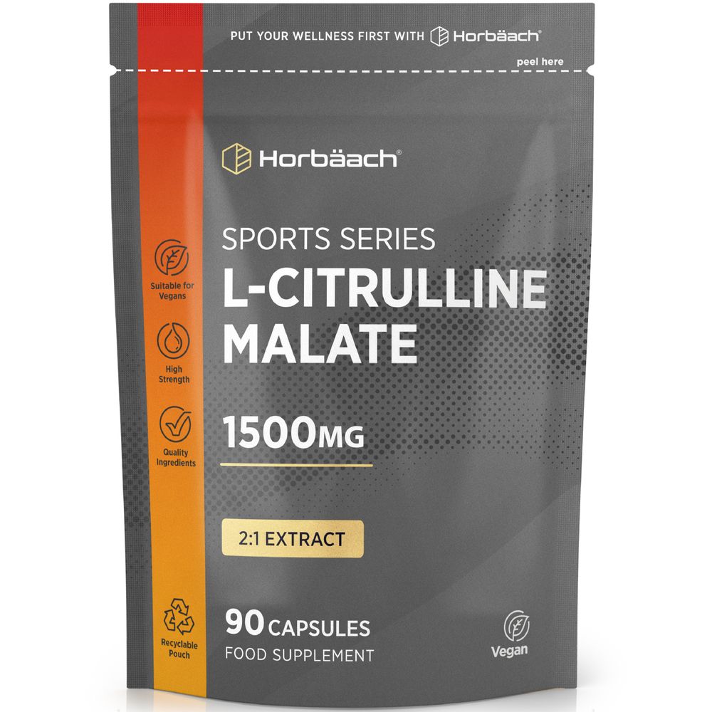 L-Citrulline Malate 1500mg in 90 vegan capsules packaged in a recyclable pouch, shown on a scale.