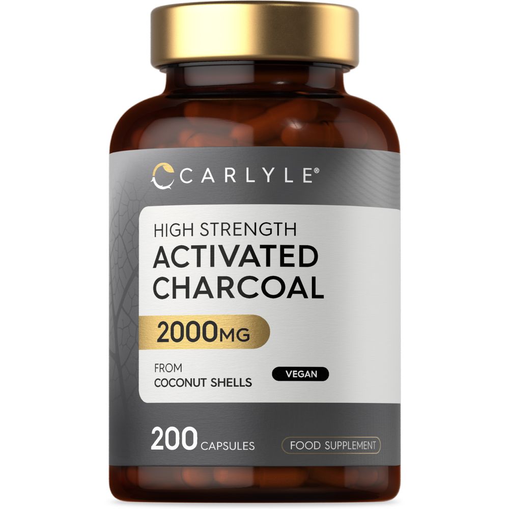 Activated Charcoal 2000mg vegan capsules, 200 count in a hand scale setting.